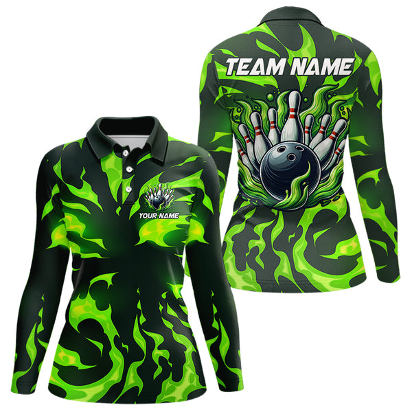 Women bowling Polo, Quarter Zip shirts Custom Green Flame Bowling Team Jersey, gift for team Bowlers NQS9602