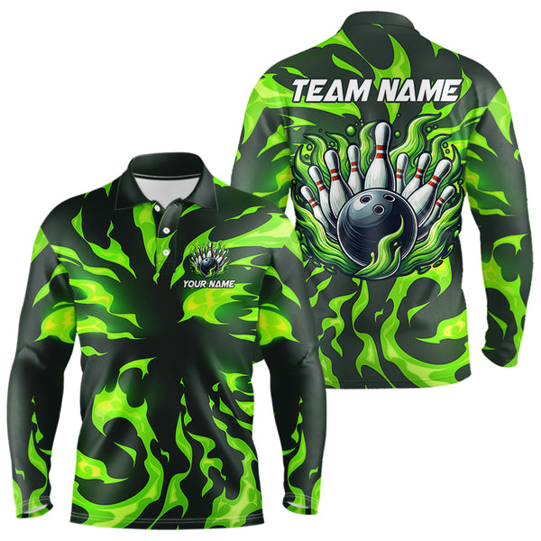 Men bowling Polo, Quarter Zip shirts Custom Green Flame Bowling Team Jersey, gift for team Bowlers NQS9602