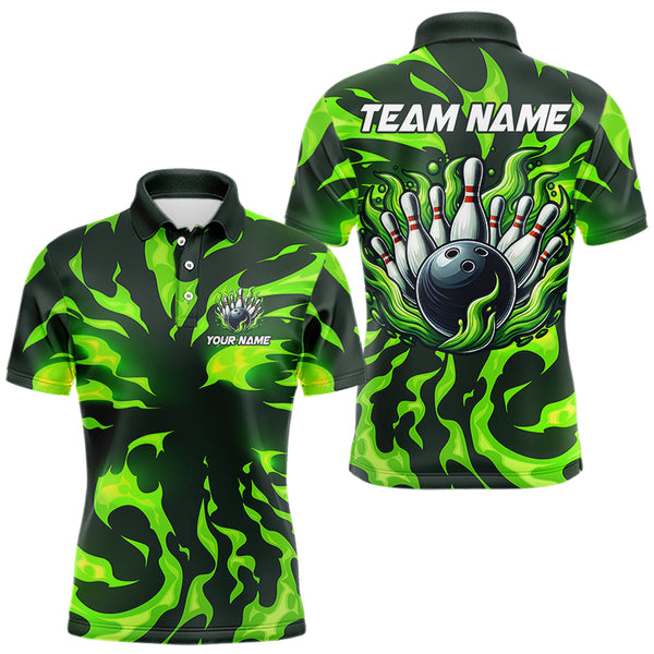 Men bowling Polo, Quarter Zip shirts Custom Green Flame Bowling Team Jersey, gift for team Bowlers NQS9602