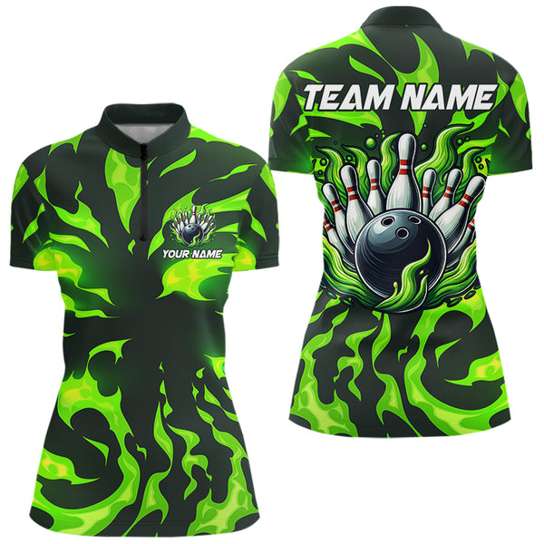 Women bowling Polo, Quarter Zip shirts Custom Green Flame Bowling Team Jersey, gift for team Bowlers NQS9602