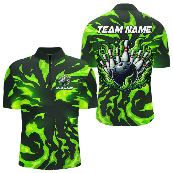 Men bowling Polo, Quarter Zip shirts Custom Green Flame Bowling Team Jersey, gift for team Bowlers NQS9602