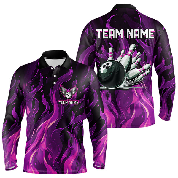 Men bowling Polo, Quarter Zip shirts Custom Pink Flame Bowling Team Jersey, gift for team Bowlers NQS9603