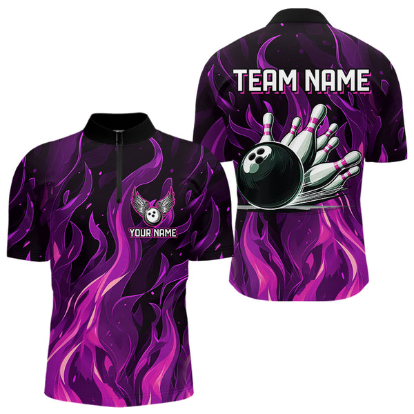 Men bowling Polo, Quarter Zip shirts Custom Pink Flame Bowling Team Jersey, gift for team Bowlers NQS9603