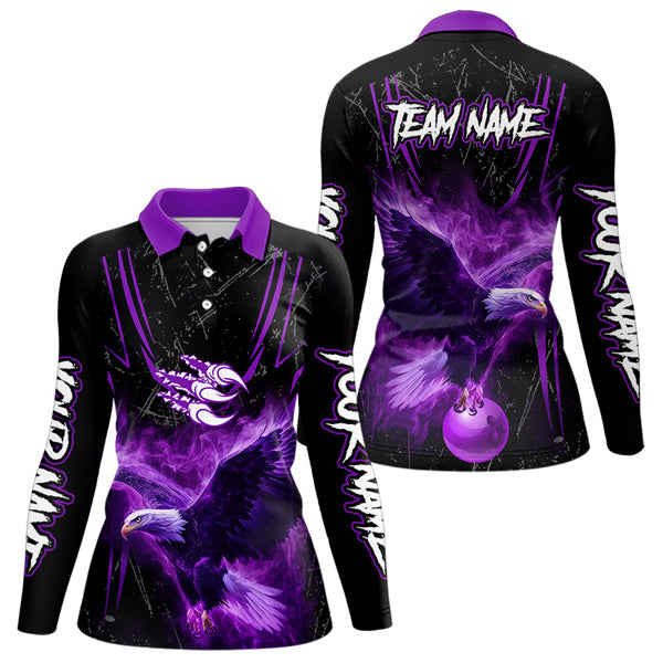 Black and Purple Flame Eagle Bowling Shirt For Women Custom Team Name Bowling Jerseys For Bowlers NQS9749
