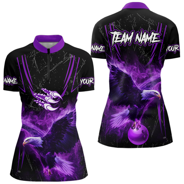 Black and Purple Flame Eagle Bowling Shirt For Women Custom Team Name Bowling Jerseys For Bowlers NQS9749