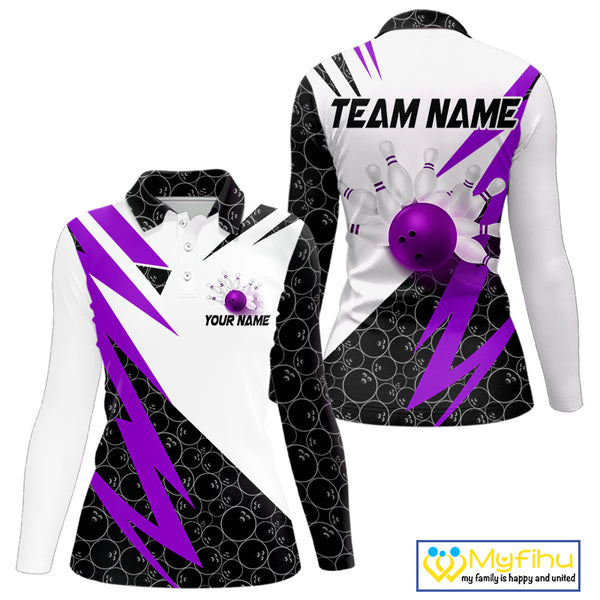Black & White Bowling Polo, Quarter Zip Shirt for Women Custom Lightning Team bowling jersey | Purple NQS10003