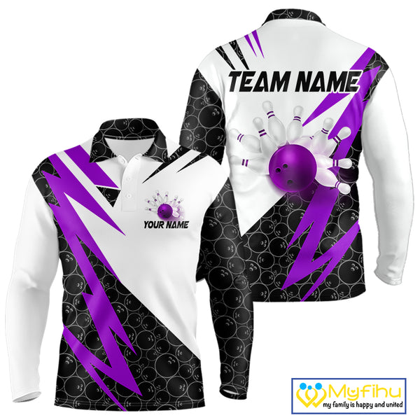 Black and White Bowling Polo, Quarter Zip Shirt for Men Custom Lightning Team bowling jersey | Purple NQS10003