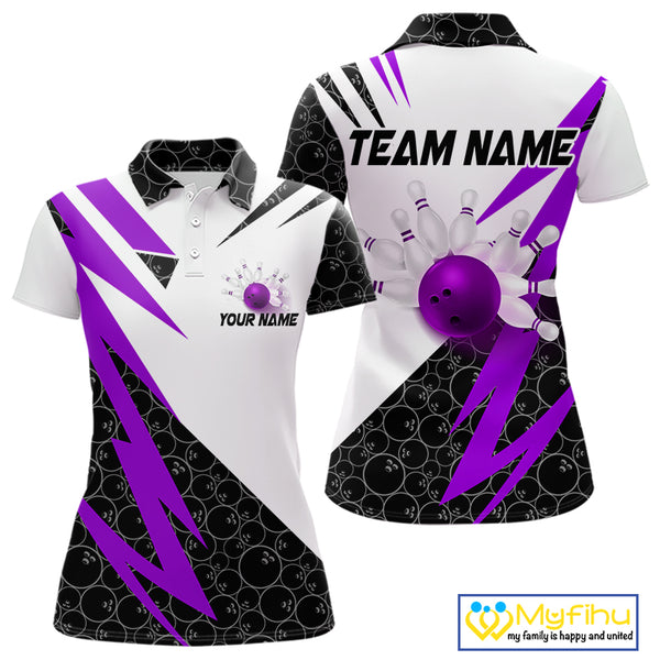 Black & White Bowling Polo, Quarter Zip Shirt for Women Custom Lightning Team bowling jersey | Purple NQS10003