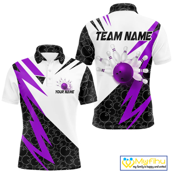 Black and White Bowling Polo, Quarter Zip Shirt for Men Custom Lightning Team bowling jersey | Purple NQS10003