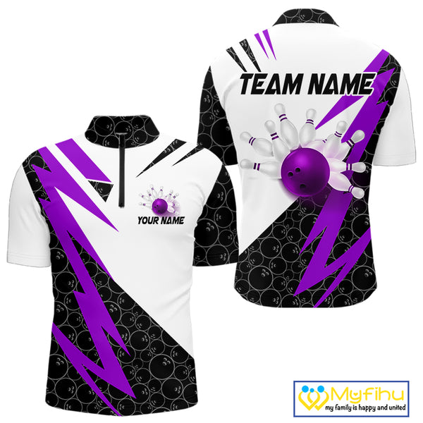 Black and White Bowling Polo, Quarter Zip Shirt for Men Custom Lightning Team bowling jersey | Purple NQS10003