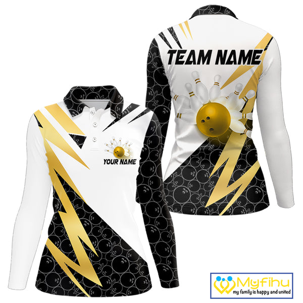 Black & White Bowling Polo, Quarter Zip Shirt for Women Custom Lightning Team bowling jersey | Gold NQS10004
