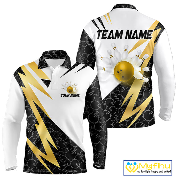 Black and White Bowling Polo, Quarter Zip Shirt for Men Custom Lightning Team bowling jersey | Gold NQS10004