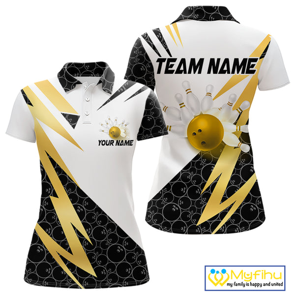 Black & White Bowling Polo, Quarter Zip Shirt for Women Custom Lightning Team bowling jersey | Gold NQS10004