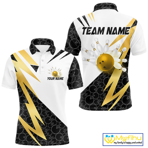 Black and White Bowling Polo, Quarter Zip Shirt for Men Custom Lightning Team bowling jersey | Gold NQS10004