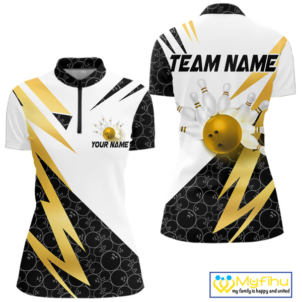 Black & White Bowling Polo, Quarter Zip Shirt for Women Custom Lightning Team bowling jersey | Gold NQS10004