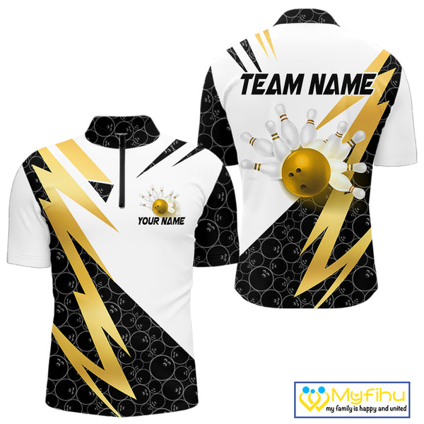 Black and White Bowling Polo, Quarter Zip Shirt for Men Custom Lightning Team bowling jersey | Gold NQS10004