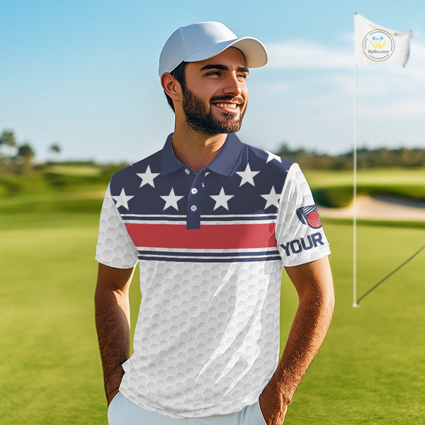 Red, White and Blue American Flag Mens golf polo shirts custom patriotic golf attire for mens NQS10006
