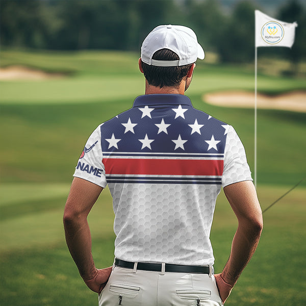 Red, White and Blue American Flag Mens golf polo shirts custom patriotic golf attire for mens NQS10006