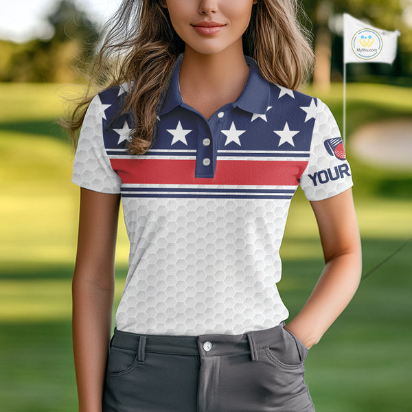 Red, White and Blue American Flag Womens golf polo shirts custom patriotic golf attire for ladies NQS10006