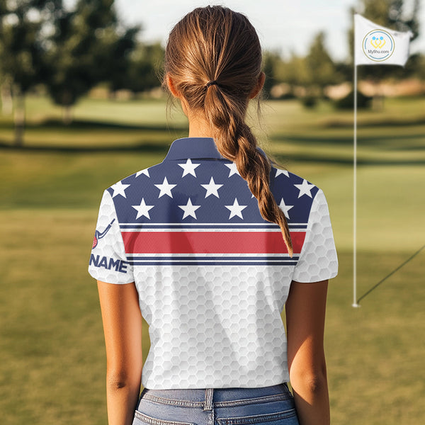 Red, White and Blue American Flag Womens golf polo shirts custom patriotic golf attire for ladies NQS10006