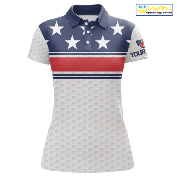 Red, White and Blue American Flag Womens golf polo shirts custom patriotic golf attire for ladies NQS10006