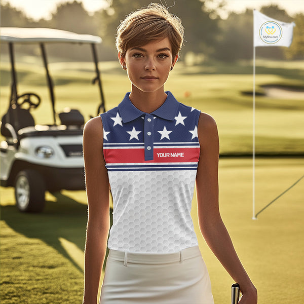 Red, White and Blue American Flag Women sleeveless golf polo shirt custom patriotic ldies golf attire NQS10006