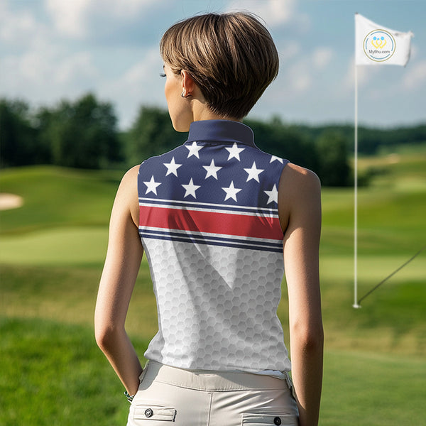 Red, White and Blue American Flag Women sleeveless golf polo shirt custom patriotic ldies golf attire NQS10006