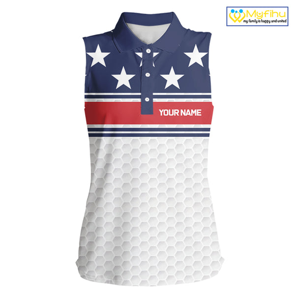 Red, White and Blue American Flag Women sleeveless golf polo shirt custom patriotic ldies golf attire NQS10006