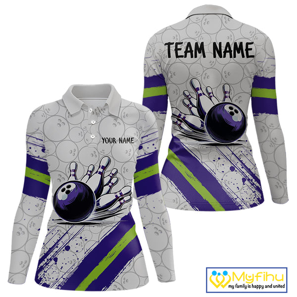 Purple and Green Bowling Camo Women Polo, 1/4 Zip Shirt Custom Team bowling jersey gift for bowlers NQS10008
