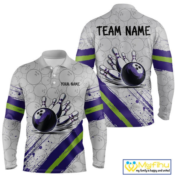 Purple and Green Bowling Camo Polo, 1/4 Zip Shirt for Men Custom Team bowling jersey gift for bowlers NQS10008