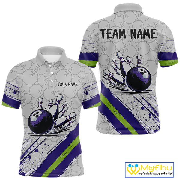 Purple and Green Bowling Camo Polo, 1/4 Zip Shirt for Men Custom Team bowling jersey gift for bowlers NQS10008