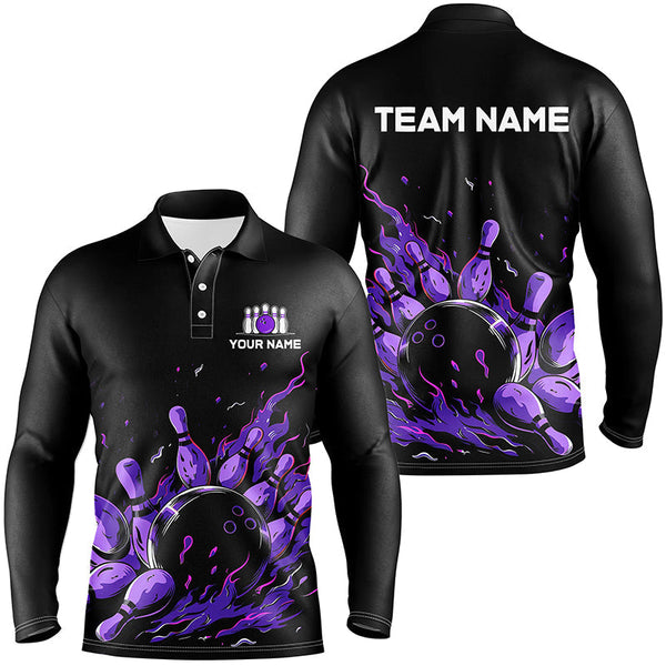 Purple Flame Fire Men's bowling Polo, Quarter Zip shirts custom bowling team shirts, bowling gifts NQS7902