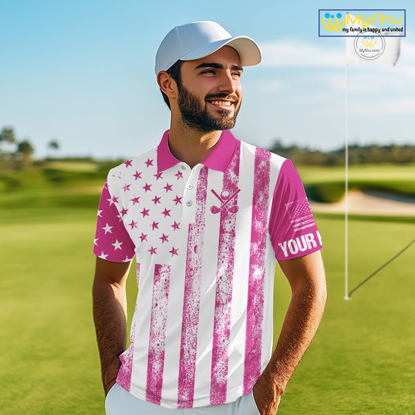 Personalized Pink & White American Flag Retro Men golf polo shirts Custom Patriotic golf top for men NQS10307
