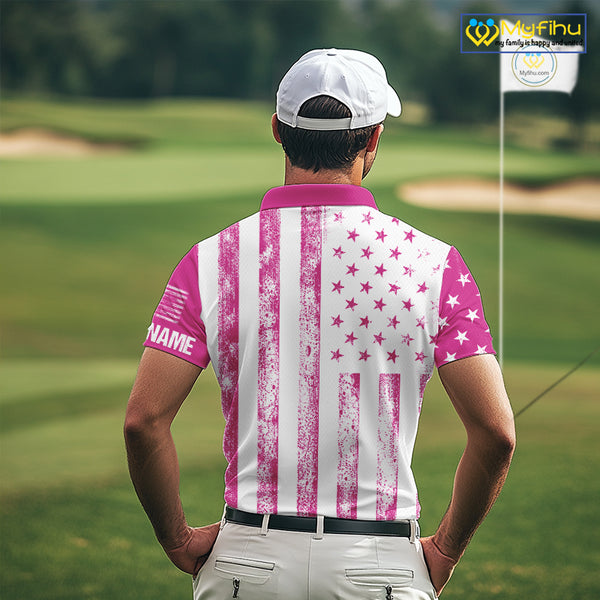 Personalized Pink & White American Flag Retro Men golf polo shirts Custom Patriotic golf top for men NQS10307