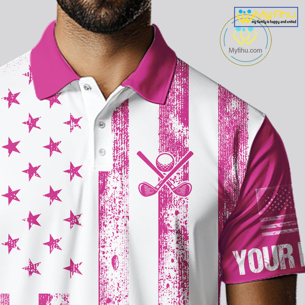 Personalized Pink & White American Flag Retro Men golf polo shirts Custom Patriotic golf top for men NQS10307