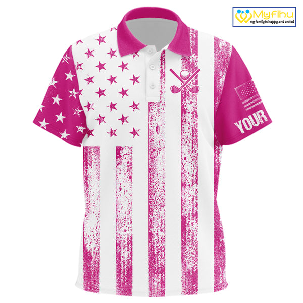 Personalized Pink & White American Flag Retro Kid golf polo shirt Custom Patriotic Kid golf top NQS10307