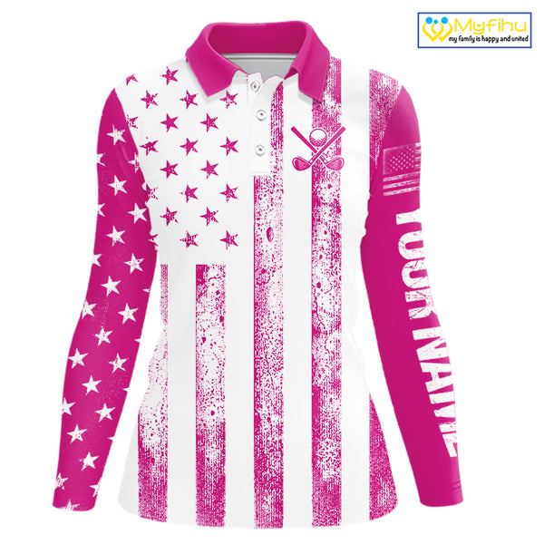 Personalized Pink & White American Flag Retro Women golf polo shirts Custom Patriotic ladies golf top NQS10307