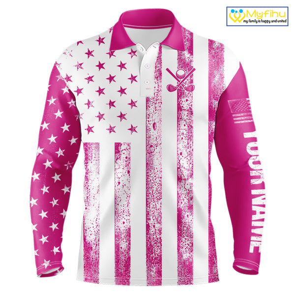 Personalized Pink & White American Flag Retro Men golf polo shirts Custom Patriotic golf top for men NQS10307