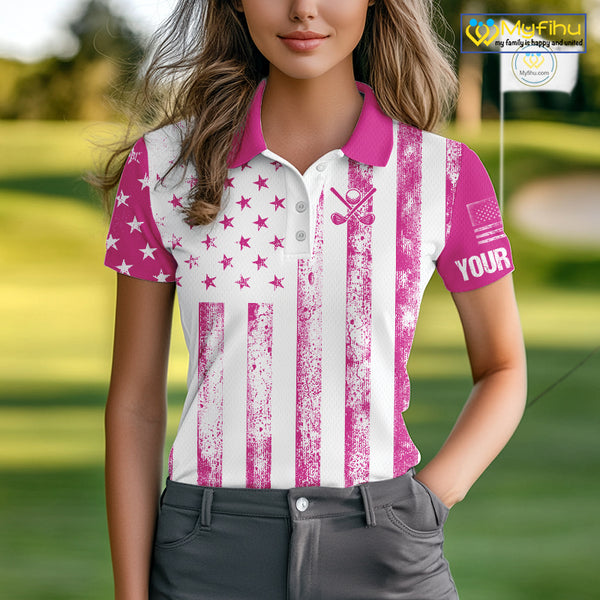 Personalized Pink & White American Flag Retro Women golf polo shirts Custom Patriotic ladies golf top NQS10307