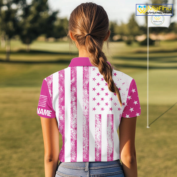 Personalized Pink & White American Flag Retro Women golf polo shirts Custom Patriotic ladies golf top NQS10307