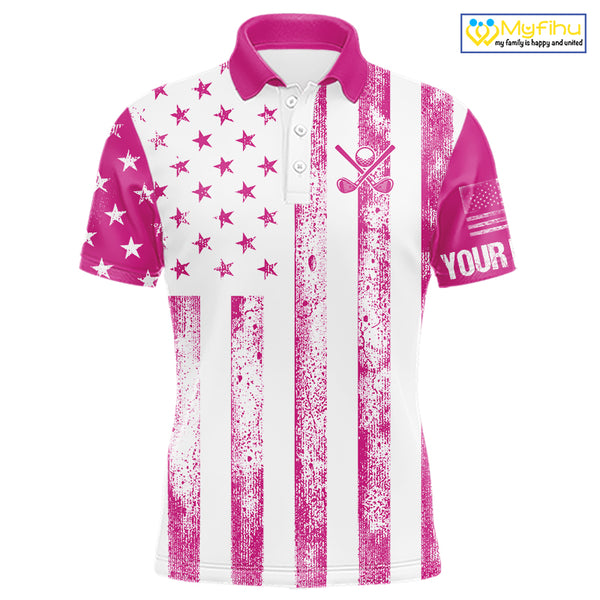 Personalized Pink & White American Flag Retro Men golf polo shirts Custom Patriotic golf top for men NQS10307