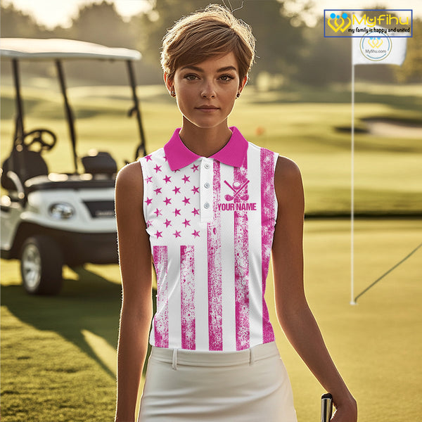 Personalized Pink & White American Flag Retro Women sleeveless polo shirt Patriotic laies golf top NQS10307