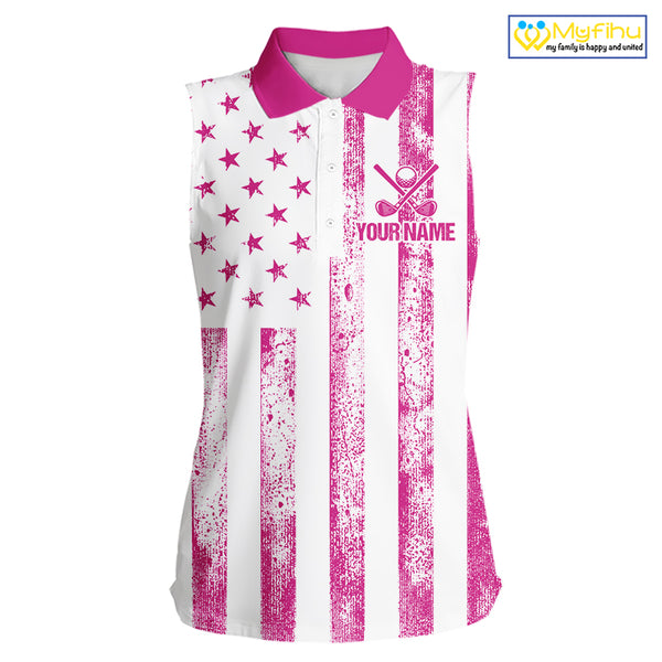 Personalized Pink & White American Flag Retro Women sleeveless polo shirt Patriotic laies golf top NQS10307