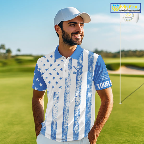 Personalized Blue & White American Flag Retro Men golf polo shirts Custom Patriotic golf top for men NQS10308