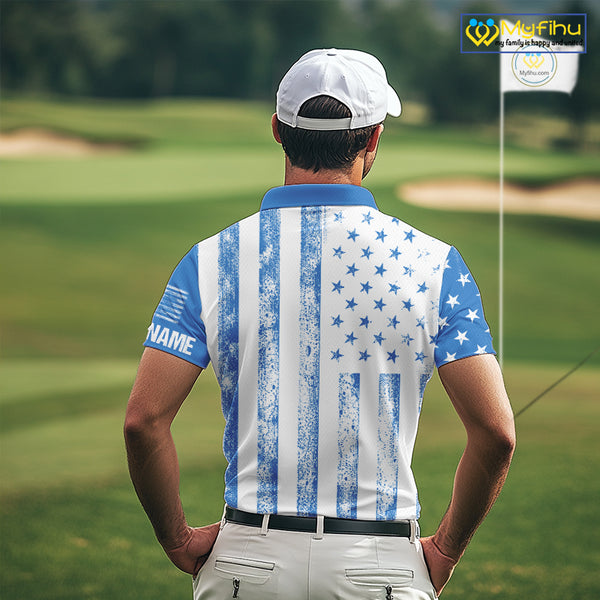 Personalized Blue & White American Flag Retro Men golf polo shirts Custom Patriotic golf top for men NQS10308