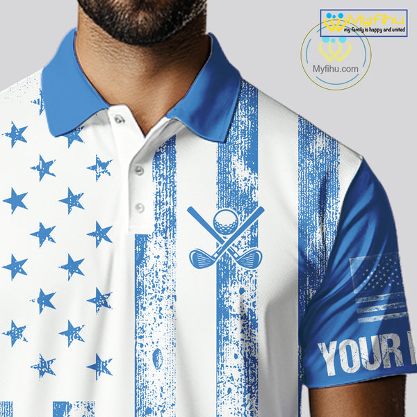 Personalized Blue & White American Flag Retro Men golf polo shirts Custom Patriotic golf top for men NQS10308