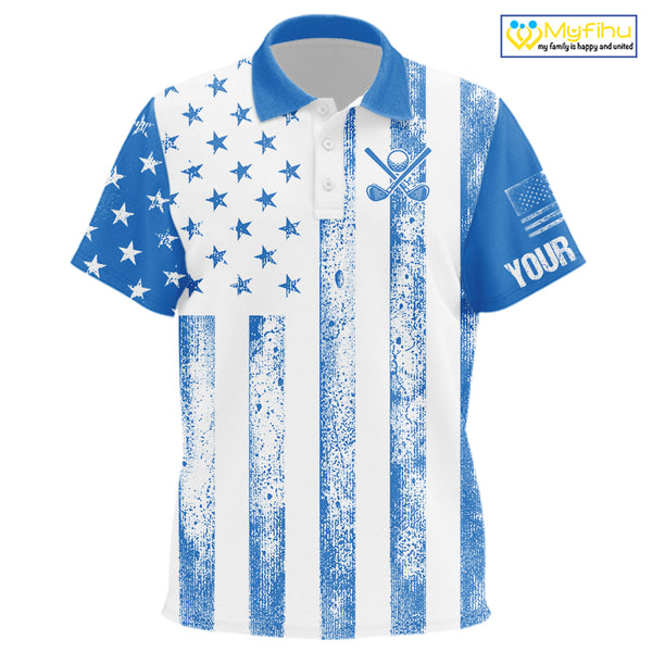 Personalized Blue & White American Flag Retro Kid golf polo shirt Custom Patriotic Kid golf top NQS10308