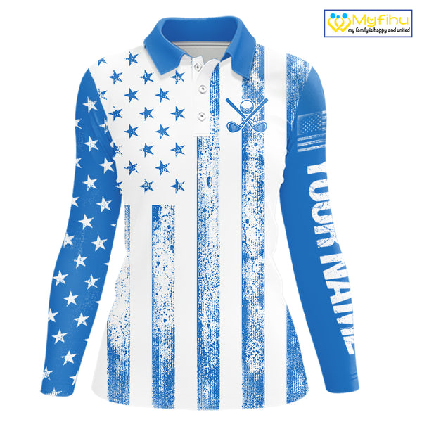 Personalized Blue & White American Flag Retro Women golf polo shirts Custom Patriotic ladies golf top NQS10308