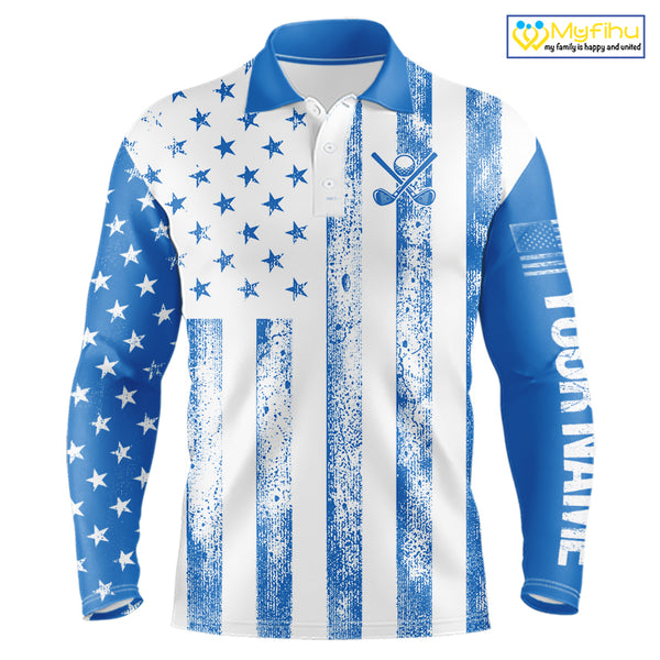 Personalized Blue & White American Flag Retro Men golf polo shirts Custom Patriotic golf top for men NQS10308