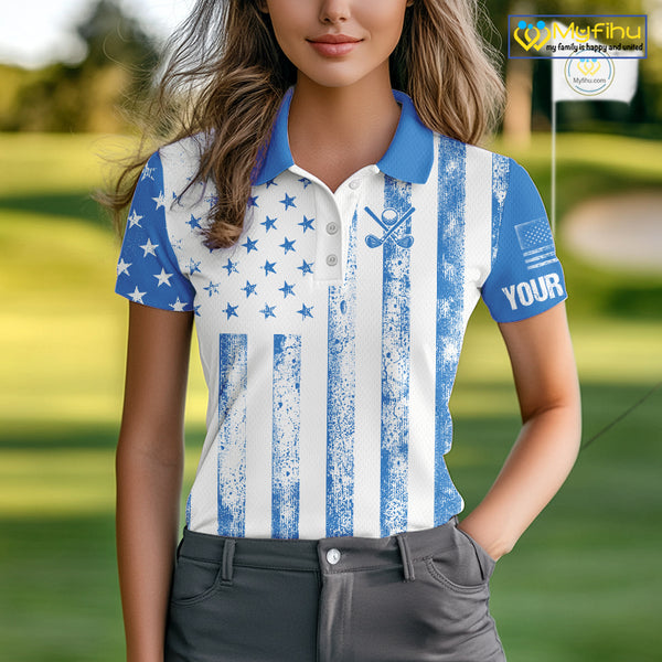 Personalized Blue & White American Flag Retro Women golf polo shirts Custom Patriotic ladies golf top NQS10308